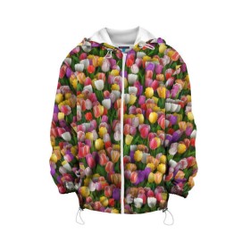 Детская куртка 3D с принтом Разноцветные тюльпаны в Белгороде, 100% полиэстер | застежка — молния, подол и капюшон оформлены резинкой с фиксаторами, по бокам — два кармана без застежек, один потайной карман на груди, плотность верхнего слоя — 90 г/м2; плотность флисового подклада — 260 г/м2 | Тематика изображения на принте: 8 марта | tulip | белый | букет | желтый | зеленый | красный | паттерн | розовый | тюльпан | тюльпанчики | цветок | цветочки | цветы