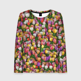 Женский лонгслив 3D с принтом Разноцветные тюльпаны в Белгороде, 100% полиэстер | длинные рукава, круглый вырез горловины, полуприлегающий силуэт | 8 марта | tulip | белый | букет | желтый | зеленый | красный | паттерн | розовый | тюльпан | тюльпанчики | цветок | цветочки | цветы