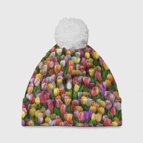 Шапка 3D c помпоном с принтом Разноцветные тюльпаны в Белгороде, 100% полиэстер | универсальный размер, печать по всей поверхности изделия | 8 марта | tulip | белый | букет | желтый | зеленый | красный | паттерн | розовый | тюльпан | тюльпанчики | цветок | цветочки | цветы