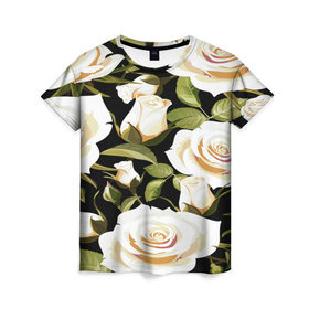 Женская футболка 3D с принтом Белые розы в Белгороде, 100% полиэфир ( синтетическое хлопкоподобное полотно) | прямой крой, круглый вырез горловины, длина до линии бедер | flower | pattern | spring | букет | весна | паттерн | праздник | розы | цветочный | цветы