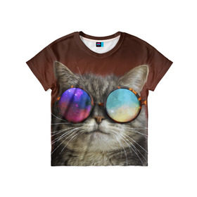 Детская футболка 3D с принтом котейки в Белгороде, 100% гипоаллергенный полиэфир | прямой крой, круглый вырез горловины, длина до линии бедер, чуть спущенное плечо, ткань немного тянется | cat | взгляд | космос | кот | котик | очки