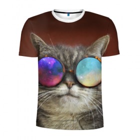 Мужская футболка 3D спортивная с принтом котейки в Белгороде, 100% полиэстер с улучшенными характеристиками | приталенный силуэт, круглая горловина, широкие плечи, сужается к линии бедра | cat | взгляд | космос | кот | котик | очки
