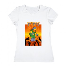 Женская футболка хлопок с принтом Doom D`Oh в Белгороде, 100% хлопок | прямой крой, круглый вырез горловины, длина до линии бедер, слегка спущенное плечо | doh | doom | homer | simpsons | гомер | дум