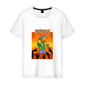 Мужская футболка хлопок с принтом Doom D`Oh в Белгороде, 100% хлопок | прямой крой, круглый вырез горловины, длина до линии бедер, слегка спущенное плечо. | doh | doom | homer | simpsons | гомер | дум