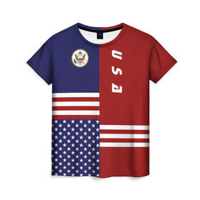 Женская футболка 3D с принтом USA (США) в Белгороде, 100% полиэфир ( синтетическое хлопкоподобное полотно) | прямой крой, круглый вырез горловины, длина до линии бедер | us | usa | америка | американец | американка | американцы | америки | герб | доллар | знак | надпись | патриот | полосы | символ | соединенные | страна | сша | флаг | флага | цвета | штаты