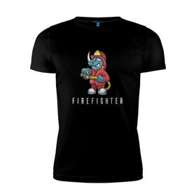 Мужская футболка премиум с принтом Пожарный в Белгороде, 92% хлопок, 8% лайкра | приталенный силуэт, круглый вырез ворота, длина до линии бедра, короткий рукав | fire | firefighter | борец с огнем | для пожарных | носорог | огонь | пожар | пожарник | пожарный
