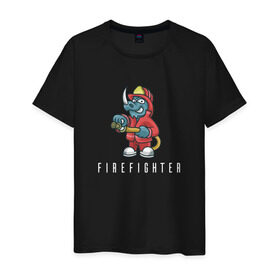 Мужская футболка хлопок с принтом Пожарный в Белгороде, 100% хлопок | прямой крой, круглый вырез горловины, длина до линии бедер, слегка спущенное плечо. | fire | firefighter | борец с огнем | для пожарных | носорог | огонь | пожар | пожарник | пожарный