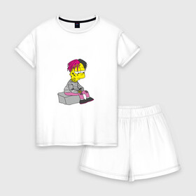 Женская пижама с шортиками хлопок с принтом Bart Lili Peep в Белгороде, 100% хлопок | футболка прямого кроя, шорты свободные с широкой мягкой резинкой | bart simpson | lil peep | барт симпсон | лил пип