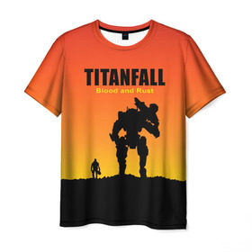 Мужская футболка 3D с принтом Titanfall 2 в Белгороде, 100% полиэфир | прямой крой, круглый вырез горловины, длина до линии бедер | blood and rust | game | воин | закат | игра | кровь и ржавчина | робот