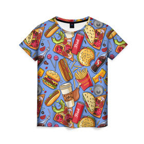 Женская футболка 3D с принтом Fastfood в Белгороде, 100% полиэфир ( синтетическое хлопкоподобное полотно) | прямой крой, круглый вырез горловины, длина до линии бедер | chicken | coffee | cola | drink | dunts | eat | fastfood | frenchfires | hotdog | lollypop | pizza | sweets | бургер | еда | кола | кофе | лимонад | напитки | пицца | пончик | фастфуд | хотдог