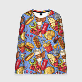 Мужской лонгслив 3D с принтом Fastfood в Белгороде, 100% полиэстер | длинные рукава, круглый вырез горловины, полуприлегающий силуэт | chicken | coffee | cola | drink | dunts | eat | fastfood | frenchfires | hotdog | lollypop | pizza | sweets | бургер | еда | кола | кофе | лимонад | напитки | пицца | пончик | фастфуд | хотдог