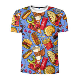 Мужская футболка 3D спортивная с принтом Fastfood в Белгороде, 100% полиэстер с улучшенными характеристиками | приталенный силуэт, круглая горловина, широкие плечи, сужается к линии бедра | chicken | coffee | cola | drink | dunts | eat | fastfood | frenchfires | hotdog | lollypop | pizza | sweets | бургер | еда | кола | кофе | лимонад | напитки | пицца | пончик | фастфуд | хотдог