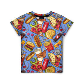 Детская футболка 3D с принтом Fastfood в Белгороде, 100% гипоаллергенный полиэфир | прямой крой, круглый вырез горловины, длина до линии бедер, чуть спущенное плечо, ткань немного тянется | Тематика изображения на принте: chicken | coffee | cola | drink | dunts | eat | fastfood | frenchfires | hotdog | lollypop | pizza | sweets | бургер | еда | кола | кофе | лимонад | напитки | пицца | пончик | фастфуд | хотдог