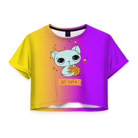 Женская футболка 3D укороченная с принтом Милый котёнок в Белгороде, 100% полиэстер | круглая горловина, длина футболки до линии талии, рукава с отворотами | cat | взгляд | кот | кот хипстер | котёнок | котятки | котятушки | кошечки | кошка | мордочка