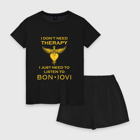 Женская пижама с шортиками хлопок с принтом I just need to listen to Bon Jovi в Белгороде, 100% хлопок | футболка прямого кроя, шорты свободные с широкой мягкой резинкой | bon jovi | бон | бон джови | джови | джон | рок группа
