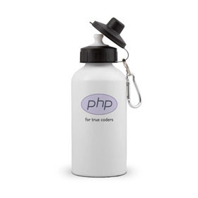 Бутылка спортивная с принтом PHP for true coders в Белгороде, металл | емкость — 500 мл, в комплекте две пластиковые крышки и карабин для крепления | Тематика изображения на принте: coder | php | programmer | true | web | веб | программист