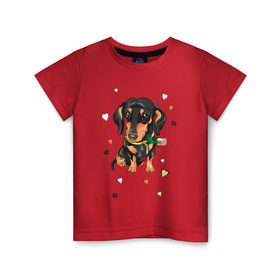 Детская футболка хлопок с принтом Такса с розой в Белгороде, 100% хлопок | круглый вырез горловины, полуприлегающий силуэт, длина до линии бедер | dog | doggy | животные | пес | роза | сердечко | сердце | собака | собачка | такса | цветок | цветы