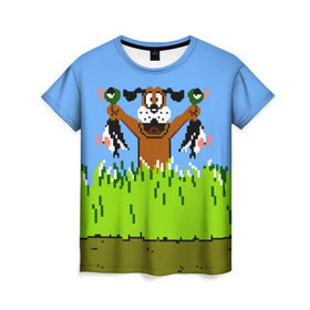 Женская футболка 3D с принтом Duck Hunt в Белгороде, 100% полиэфир ( синтетическое хлопкоподобное полотно) | прямой крой, круглый вырез горловины, длина до линии бедер | Тематика изображения на принте: 8 bit | 8 бит | dendy | dog | duck | hunt | nes | nintendo | oldschool | pixel art | денди | игра | нинтендо | охота | собака