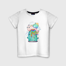 Детская футболка хлопок с принтом Радужная улитка на кактусе в Белгороде, 100% хлопок | круглый вырез горловины, полуприлегающий силуэт, длина до линии бедер | весна | кактус | кислотный | лето | милота | милый | мультяшный | насекомые | облака | природа | радуга | растения | солнце