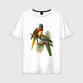 Женская футболка хлопок Oversize с принтом Попугаи в Белгороде, 100% хлопок | свободный крой, круглый ворот, спущенный рукав, длина до линии бедер
 | ветки | винтаж | листья | пальмы | перья | попугаи | птицы