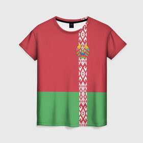 Женская футболка 3D с принтом Белоруссия, лента с гербом в Белгороде, 100% полиэфир ( синтетическое хлопкоподобное полотно) | прямой крой, круглый вырез горловины, длина до линии бедер | belarus | byelorussia | беларусь | белорус | белоруссия | белорусский | минск | республика | флаг