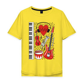 Мужская футболка хлопок Oversize с принтом Музыкальное сердце в Белгороде, 100% хлопок | свободный крой, круглый ворот, “спинка” длиннее передней части | ансамбль | гитара | клавиши | музыка | музыкальные инструменты | ноты | скрипка | три цвета | труба | флейта | фортепиано