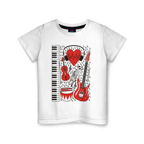 Детская футболка хлопок с принтом Музыкальное сердце в Белгороде, 100% хлопок | круглый вырез горловины, полуприлегающий силуэт, длина до линии бедер | ансамбль | гитара | клавиши | музыка | музыкальные инструменты | ноты | скрипка | три цвета | труба | флейта | фортепиано