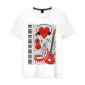 Мужская футболка хлопок с принтом Музыкальное сердце в Белгороде, 100% хлопок | прямой крой, круглый вырез горловины, длина до линии бедер, слегка спущенное плечо. | ансамбль | гитара | клавиши | музыка | музыкальные инструменты | ноты | скрипка | три цвета | труба | флейта | фортепиано