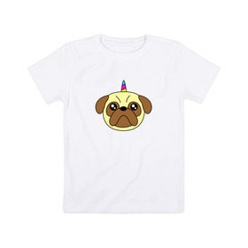 Детская футболка хлопок с принтом Мопс единорог в Белгороде, 100% хлопок | круглый вырез горловины, полуприлегающий силуэт, длина до линии бедер | единорог | мопс | радуга | рог | собака | щенок