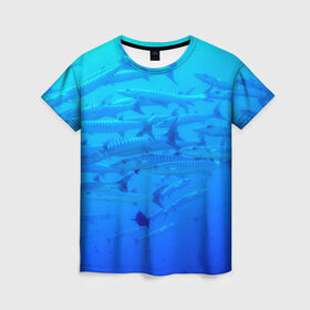 Женская футболка 3D с принтом Морская фауна в Белгороде, 100% полиэфир ( синтетическое хлопкоподобное полотно) | прямой крой, круглый вырез горловины, длина до линии бедер | fish | fishes | pisces | море | морские обитатели | морской | океан | рыбы