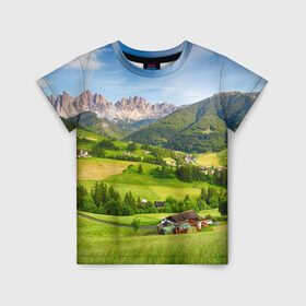 Детская футболка 3D с принтом Альпы в Белгороде, 100% гипоаллергенный полиэфир | прямой крой, круглый вырез горловины, длина до линии бедер, чуть спущенное плечо, ткань немного тянется | Тематика изображения на принте: австрия | альпы | германия | горный хребет | горы | италия | красота | лес | лихтенштейн | луг | пейзаж | природа | простор | раздолье | словения | франция | швейцария