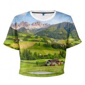 Женская футболка 3D укороченная с принтом Альпы в Белгороде, 100% полиэстер | круглая горловина, длина футболки до линии талии, рукава с отворотами | австрия | альпы | германия | горный хребет | горы | италия | красота | лес | лихтенштейн | луг | пейзаж | природа | простор | раздолье | словения | франция | швейцария