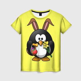 Женская футболка 3D с принтом Пасхальный пингвин в Белгороде, 100% полиэфир ( синтетическое хлопкоподобное полотно) | прямой крой, круглый вырез горловины, длина до линии бедер | весна | кролик | пасха | пингвин | праздники | яйцо