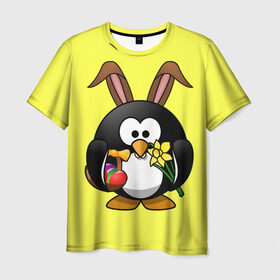 Мужская футболка 3D с принтом Пасхальный пингвин в Белгороде, 100% полиэфир | прямой крой, круглый вырез горловины, длина до линии бедер | весна | кролик | пасха | пингвин | праздники | яйцо