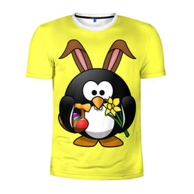 Мужская футболка 3D спортивная с принтом Пасхальный пингвин в Белгороде, 100% полиэстер с улучшенными характеристиками | приталенный силуэт, круглая горловина, широкие плечи, сужается к линии бедра | весна | кролик | пасха | пингвин | праздники | яйцо