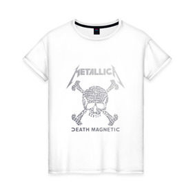 Женская футболка хлопок с принтом Metallica, death magnetic в Белгороде, 100% хлопок | прямой крой, круглый вырез горловины, длина до линии бедер, слегка спущенное плечо | Тематика изображения на принте: metallica | джеймс хэтфилд | кирк хэмметт | ларс ульрих | металлика | роберт трухильо | рок группа