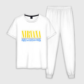 Мужская пижама хлопок с принтом Nirvana nevermino в Белгороде, 100% хлопок | брюки и футболка прямого кроя, без карманов, на брюках мягкая резинка на поясе и по низу штанин
 | cobain | kurt | nevermino | nirvana | альтернативный | гранж | грол | группа | дональд | кобейн | курт | музыка | надпись | нервана | нирвана | новоселич | певец | рок | смайл | смайлик | солист