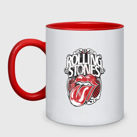 Кружка двухцветная с принтом The Rolling Stones в Белгороде, керамика | объем — 330 мл, диаметр — 80 мм. Цветная ручка и кайма сверху, в некоторых цветах — вся внутренняя часть | the rolling stones | бродяги | вольные странники | группа | катящиеся камни | кит ричардс | мик джаггер | рок | рок н ролл | ролинг | роллинг | рон вуд | стоун | стоунз | стоунс | чарли уоттс