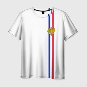 Мужская футболка 3D с принтом Франция, лента с гербом в Белгороде, 100% полиэфир | прямой крой, круглый вырез горловины, длина до линии бедер | fr | fra | france | герб | государство | знак | надпись | париж | патриот | полосы | республика | символ | страна | флаг | флага | франция | француз | французская | французский | французы | цвета
