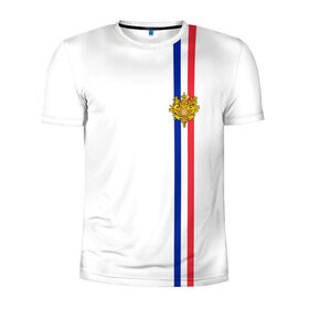 Мужская футболка 3D спортивная с принтом Франция, лента с гербом в Белгороде, 100% полиэстер с улучшенными характеристиками | приталенный силуэт, круглая горловина, широкие плечи, сужается к линии бедра | fr | fra | france | герб | государство | знак | надпись | париж | патриот | полосы | республика | символ | страна | флаг | флага | франция | француз | французская | французский | французы | цвета