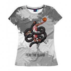 Женская футболка 3D с принтом Fear the Beard в Белгороде, 100% полиэфир ( синтетическое хлопкоподобное полотно) | прямой крой, круглый вырез горловины, длина до линии бедер | hurden | nba | rockets | баскетбол | нба | харден | хьюстон рокетс