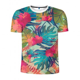 Мужская футболка 3D спортивная с принтом Тропический в Белгороде, 100% полиэстер с улучшенными характеристиками | приталенный силуэт, круглая горловина, широкие плечи, сужается к линии бедра | весна | джунгли | для весны | для лета | лес | лето | листья | текстура | тропики | цветы