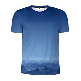 Мужская футболка 3D спортивная с принтом Blue Mountains в Белгороде, 100% полиэстер с улучшенными характеристиками | приталенный силуэт, круглая горловина, широкие плечи, сужается к линии бедра | Тематика изображения на принте: вид | горы | ночь | пейзаж | природа | синий | скалы | сумерки | туман | утро