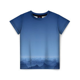 Детская футболка 3D с принтом Blue Mountains в Белгороде, 100% гипоаллергенный полиэфир | прямой крой, круглый вырез горловины, длина до линии бедер, чуть спущенное плечо, ткань немного тянется | Тематика изображения на принте: вид | горы | ночь | пейзаж | природа | синий | скалы | сумерки | туман | утро