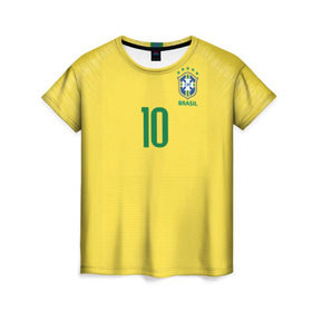 Женская футболка 3D с принтом Неймар 2018 домашняя в Белгороде, 100% полиэфир ( синтетическое хлопкоподобное полотно) | прямой крой, круглый вырез горловины, длина до линии бедер | brazil | cup champions | league | neymar | world | бразилия | неймар
