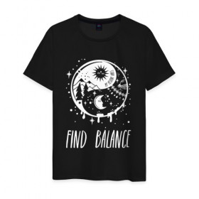 Мужская футболка хлопок с принтом Find balance в Белгороде, 100% хлопок | прямой крой, круглый вырез горловины, длина до линии бедер, слегка спущенное плечо. | balance | moon | nature | positive | stars | sun | vibes | баланс | гармония | звезды | инь | луна | небо | природа | символ | солнце | ян