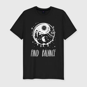 Мужская футболка премиум с принтом Find balance в Белгороде, 92% хлопок, 8% лайкра | приталенный силуэт, круглый вырез ворота, длина до линии бедра, короткий рукав | balance | moon | nature | positive | stars | sun | vibes | баланс | гармония | звезды | инь | луна | небо | природа | символ | солнце | ян