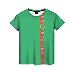 Женская футболка 3D с принтом Туркменистан, лента с гербом в Белгороде, 100% полиэфир ( синтетическое хлопкоподобное полотно) | прямой крой, круглый вырез горловины, длина до линии бедер | tkm | tm | trkmenistan | азия | ашхабад | герб | государство | знак | надпись | патриот | полосы | республика | символ | снг | страна | туркмен | туркменистан | туркмения | флаг | флага | цвета