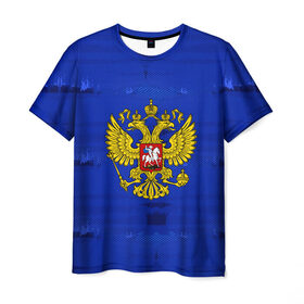 Мужская футболка 3D с принтом Russia Imperium Blue в Белгороде, 100% полиэфир | прямой крой, круглый вырез горловины, длина до линии бедер | Тематика изображения на принте: abstraction | grunge | russia | sport | абстракция | герб | краска | русский | символика рф | спорт | спортивный | триколор | униформа | форма | я русский