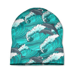 Шапка 3D с принтом Дельфины в Белгороде, 100% полиэстер | универсальный размер, печать по всей поверхности изделия | dolphins | fish | ocean | pattern | sea | summer | waves | волны | дельфины | лето | море | океан | паттерн | рыбы